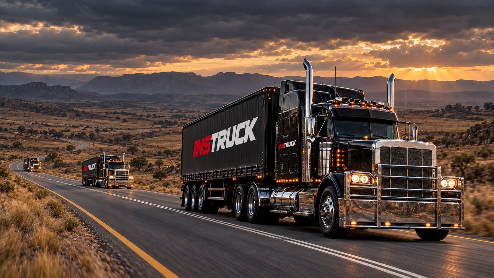 Three matching INSTRUCK trucks spaced along an open South African highway